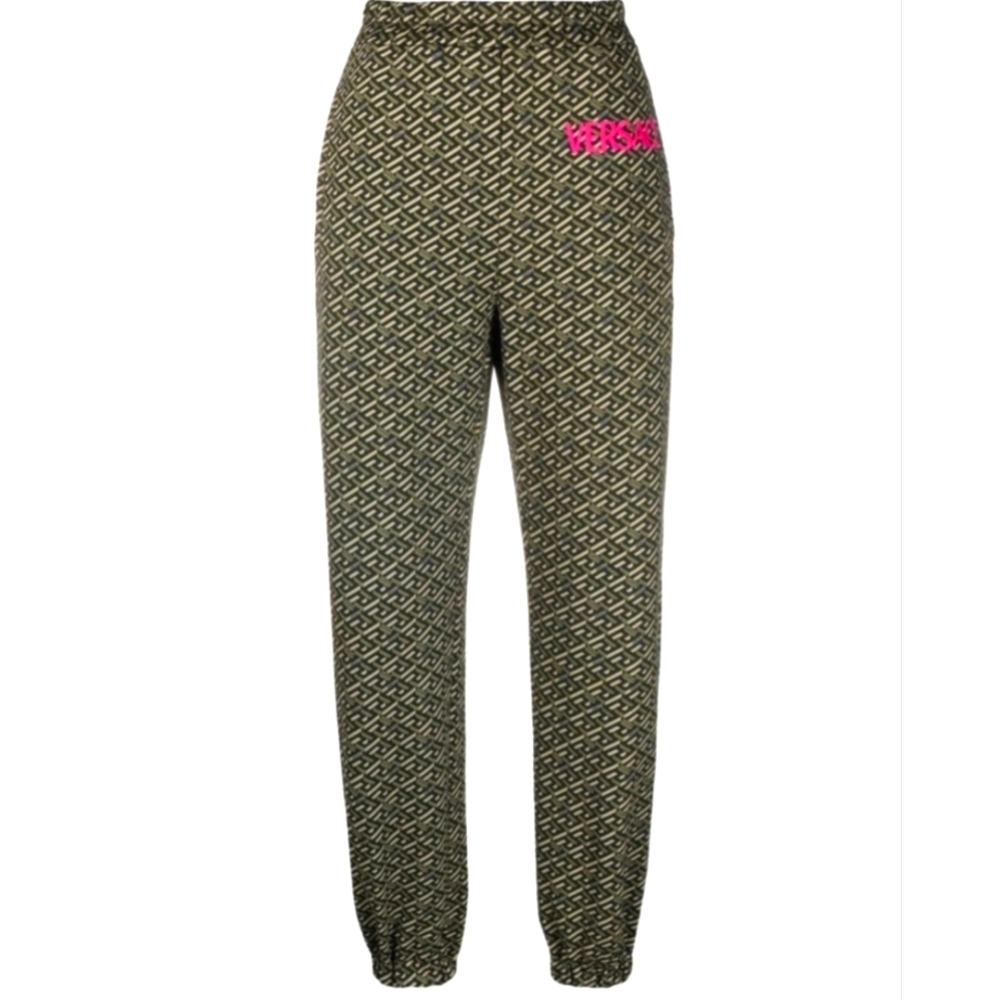 Printed High-Waist Jogger Pants in Olive Pattern with Pink Accent